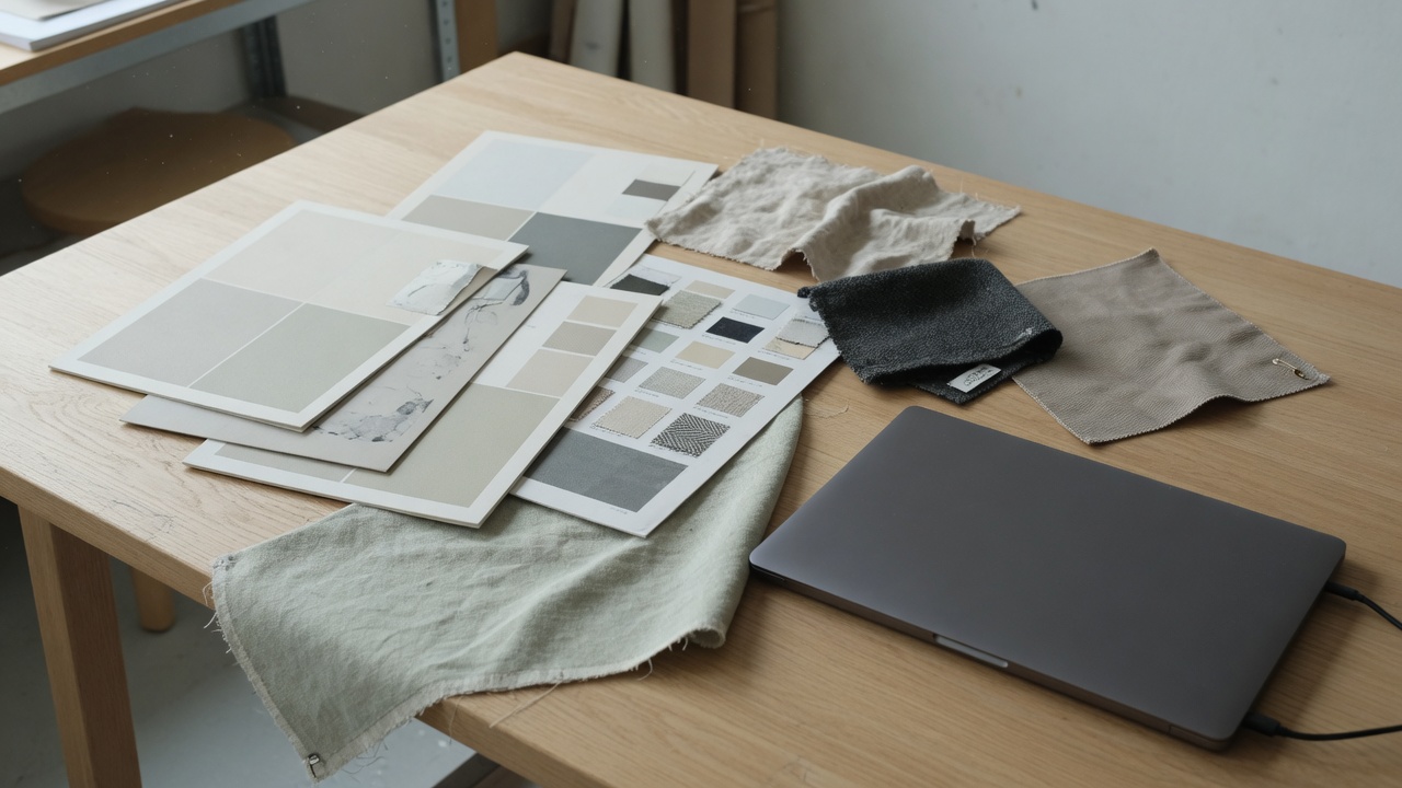 Brand boards and material samples on a table