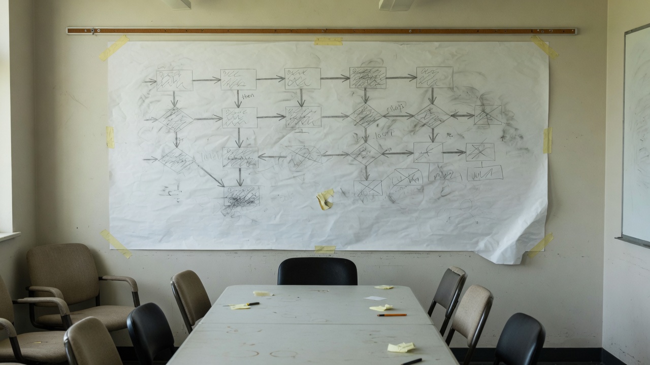 A hand-drawn process map in a meeting room